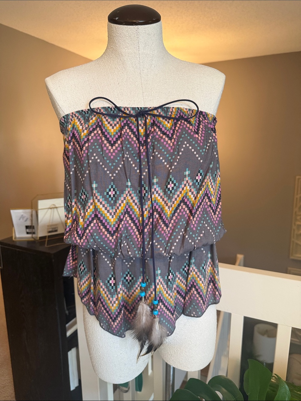 Boho Strapless Peasant Top in Gray Multi